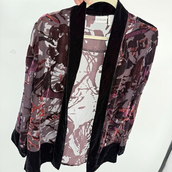 Chicos size Small Silk Blend Velvet Burnout Kimono Jacket Purple Open front Boho - Picture 9 of 10